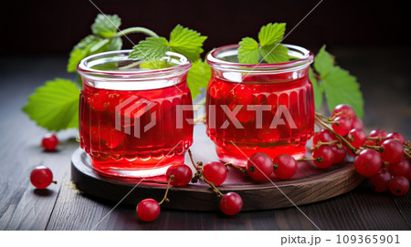 Refreshing drink made from red currant berries. Compote of red currants on a wooden table. Refreshing drink made from red currant berries. Compote of red currants on a wooden table. 109365901