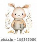 A charming watercolor drawing of a bunny hare in a patterned sweater, with a pocket, radiating a sense of joy and calm, amidst a field of peaceful foliage. 109366080