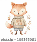 An endearing watercolor illustration of a fox in a botanical sweater, standing with a tender expression, complemented by serene foliage in a soft, muted color palette. 109366081