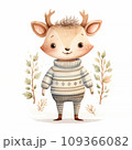 Charming watercolor depiction of a young deer with antlers, wearing a cozy striped sweater, amidst a sprinkle of gentle foliage, rendered in a calming palette of neutrals and soft greens. 109366082