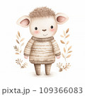 A heartwarming watercolor artwork of a lamb in a Nordic-pattern sweater, standing amidst a field of soft botanicals, painted in a calming palette of beige and brown.  109366083