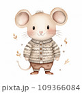 Watercolor illustration of a cute cartoon mouse dressed in a striped jacket and trousers standing upright with whimsical plant elements around, in a soft beige and brown color palette. 109366084