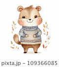 Adorable cartoon chipmunk hand-drawn illustration, watercolor style, wearing a cozy striped sweater, surrounded by delicate autumn leaves, perfect for children's book illustrations or nursery decor.  109366085