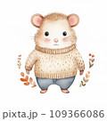 A delightful watercolor portrayal of a hamster wearing a speckled sweater, gazing with soft, inviting eyes, set against a backdrop of delicate autumnal foliage.  109366086