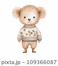 A delightful watercolor image of a fluffy poodle in a striped shirt adorned with floral motifs, executed in a warm, neutral color scheme, perfect for a child's room decor or storybook.  109366087