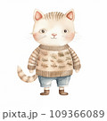 A charming watercolor illustration of a cat in a cozy leaf-patterned sweater and denim pants, offering a soft, welcoming look amidst a backdrop of subtle foliage. 109366089