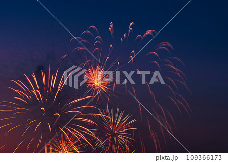 Bright colored fireworks on blue sky background. 109366173