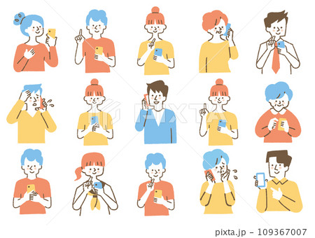 携帯電話を使っている人たちのセット_色 109367007