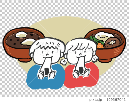 餅を食べる男の子と女の子とお雑煮とおしるこ　手描き風イラスト 109367041