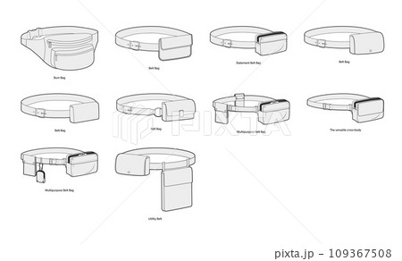 Set of Belt Bum silhouette bags. Fashion accessory technical illustration. Vector satchel front 3-4 view for Men, women Set of Belt Bum silhouette bags. Fashion accessory technical illustration. Vector satchel front 3-4 view for Men, women 109367508