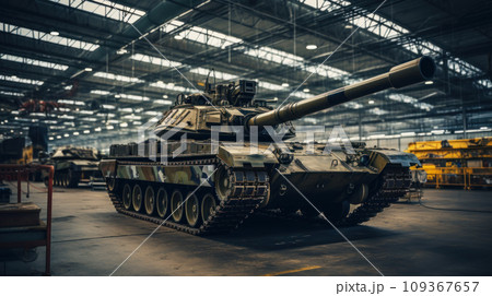 Modern tank in factory, armored vehicle stored in military plant. Interior of industrial warehouse or hangar. Concept of technology, industry, production, war 109367657