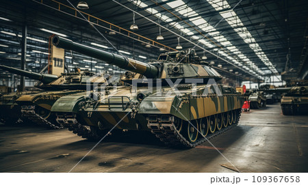 Modern tank in military plant, armored vehicle stored in warehouse of factory. Interior of industrial hangar. Concept of technology, industry, production, war, manufacture 109367658