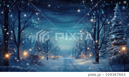 Fairy tale forest with magical lights at Christmas night, winter landscape with showy country road and sky. Scenery of fairytale woods and snow background. Theme of New Year, nature Fairy tale forest with magical lights at Christmas night, winter landscape with showy country road and sky. Scenery of fairytale woods and snow background. Theme of New Year, nature 109367663