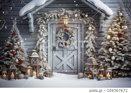 Christmas decoration of house porch, front wooden door on winter holiday. Home entrance with festive trees, garland, wreath, snow and candles. Theme of design, xmas, decor, exterior Christmas decoration of house porch, front wooden door on winter holiday. Home entrance with festive trees, garland, wreath, snow and candles. Theme of design, xmas, decor, exterior 109367672