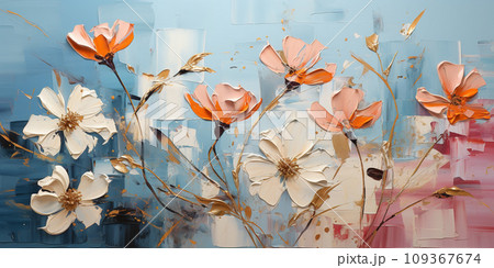Oil painting with textured wild flowers, brush strokes view. Beautiful plants on blue canvas background. Theme of art, paintbrush, nature, design and wallpaper Oil painting with textured wild flowers, brush strokes view. Beautiful plants on blue canvas background. Theme of art, paintbrush, nature, design and wallpaper 109367674