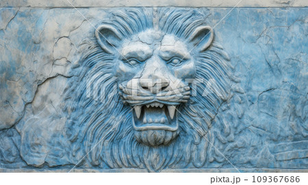 Old wall relief of lion head, cracked vintage Ancient art of animal. Damaged stone artifact of Renaissance. Theme of nature, antiquity, painting, history and medieval culture 109367686