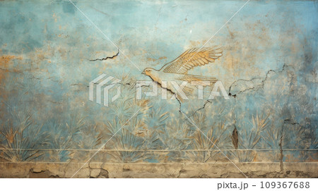 Ancient fresco of bird in garden, damaged painting of animals on old blue wall. Vintage cracked artifact background. Theme of fine art, beauty, antiquity, animal, mural, history 109367688