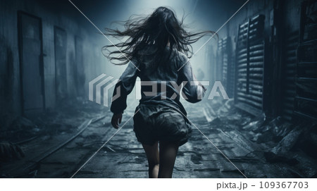 Adult girl runs away alone at night along dark corridor or alley, back view of scared young woman. Female person escapes like in thriller or horror movie. Concept of terror, cinematic 109367703