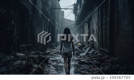 Lost girl walks away alone along dark spooky alley, back view of scared young woman in creepy grungy place. Female person like in thriller or horror movie. Concept of victim, cinematic 109367705