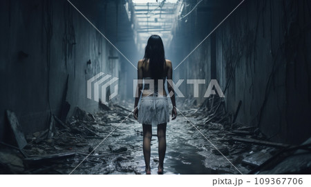 Lost girl stands alone at dark spooky alley or corridor, back view of young woman in grungy scary place. Female person like in thriller or horror movie. Concept of terror, dirt 109367706