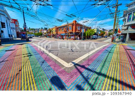 Split view of all four rainbow crosswalks in Castro District and three street corners 109367940