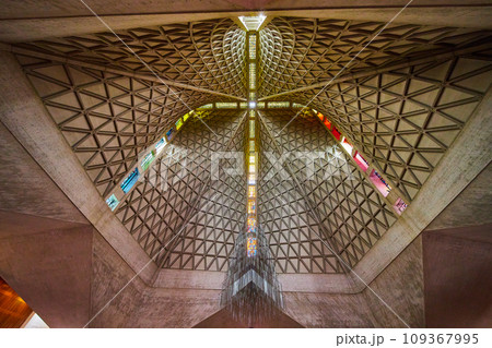 View of stained glass windows and chandelier in Cathedral of Saint Mary of the Assumption 109367995