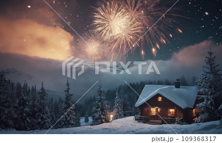 A cozy winter landscape with bright houses in the snow. Glowing Christmas tree and fireworks A cozy winter landscape with bright houses in the snow. Glowing Christmas tree and fireworks 109368317
