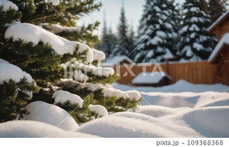 Decorated Christmas tree in the snow. Sunny winter New Year's Eve landscape 109368368