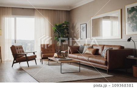Minimalistic Scandinavian design of a cozy house with a fireplace. Bright interior with wood elements. 109368381