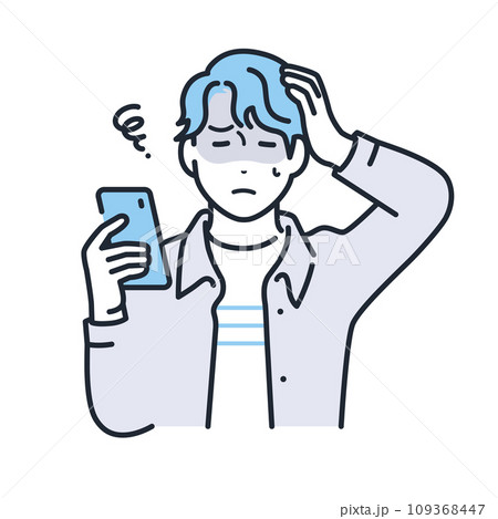 スマートフォンを持って頭を抱えるカジュアルな服装の若い男性のシンプルなベクターイラスト素材 109368447