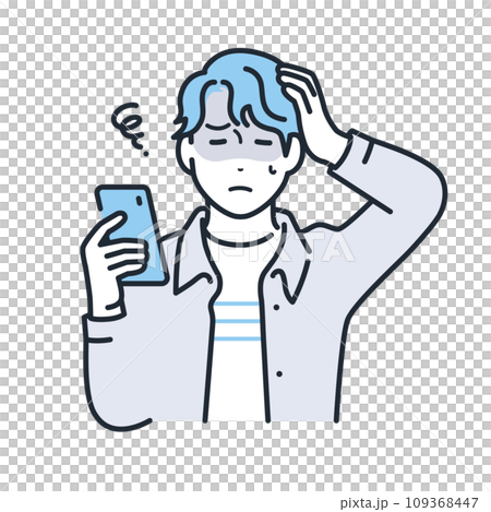 スマートフォンを持って頭を抱えるカジュアルな服装の若い男性のシンプルなベクターイラスト素材 109368447