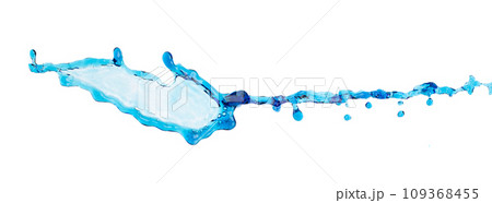 Shape form droplet of blue Water splashes into drop water line tube attack fluttering in air and stop motion freeze shot. Splash blue Water texture graphic resource elements, White background isolated 109368455