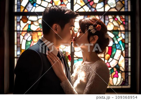 ステンドグラスの前で誓いのキスをするカップル AI生成 ステンドグラスの前で誓いのキスをするカップル AI生成 109368954