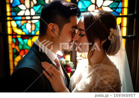 ステンドグラスの前で誓いのキスをするカップル　AI生成 109368957