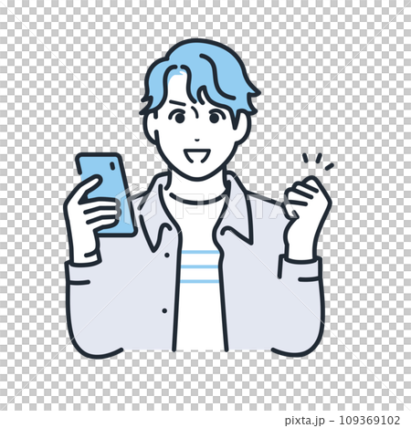 スマートフォンを持ってガッツポーズをするカジュアルな服装の若い男性のシンプルなベクターイラスト素材 109369102