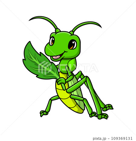 Cute grasshopper cartoon holding leaf 109369131