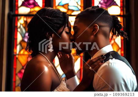 ステンドグラスの前で誓いのキスをする黒人のカップル　AI生成 109369213