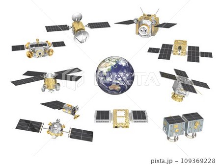 人工衛星 科学衛星 観測衛星 通信衛星など 10機と地球 白バック(3DCGイメージ) 人工衛星 科学衛星 観測衛星 通信衛星など 10機と地球 白バック(3DCGイメージ) 109369228