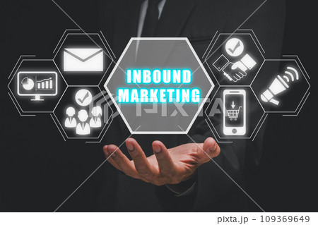 Inbound marketing concept, Businessman hand holding inbound marketing icon on virtual screen, Web Pages, Social, Call to Action, Attracting potential customers. Inbound marketing concept, Businessman hand holding inbound marketing icon on virtual screen, Web Pages, Social, Call to Action, Attracting potential customers. 109369649