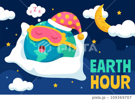 Happy Earth Hour Day Vector Illustration with Cloud, Light bulb, World Map and Time to Turn Off in Flat Cartoon Background Design 109369707