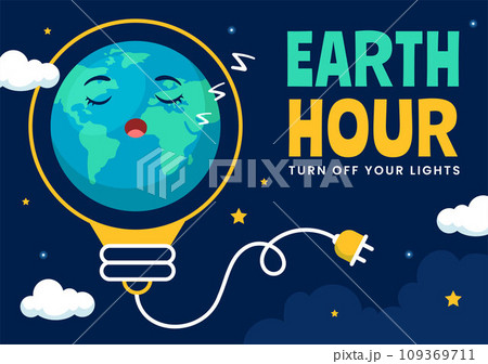 Happy Earth Hour Day Vector Illustration with Cloud, Light bulb, World Map and Time to Turn Off in Flat Cartoon Background Design 109369711