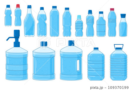 Cartoon plastic bottles. Water plastic containers, empty bottles of various shapes, mineral water flasks flat vector illustration set. Transparent plastic water bottle collection Cartoon plastic bottles. Water plastic containers, empty bottles of various shapes, mineral water flasks flat vector illustration set. Transparent plastic water bottle collection 109370199