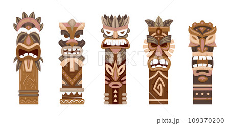 Cartoon tiki totems. Aboriginal wooden statues, ritual pole totems flat vector illustration set. Indigenous traditional sculptures 109370200