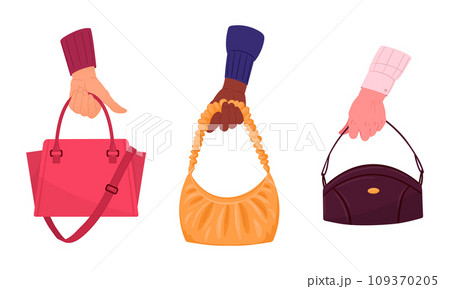 Hands holding bags. Fashionable leather bags in human hands, female palm holding casual baguette bags flat vector illustration set Hands holding bags. Fashionable leather bags in human hands, female palm holding casual baguette bags flat vector illustration set 109370205