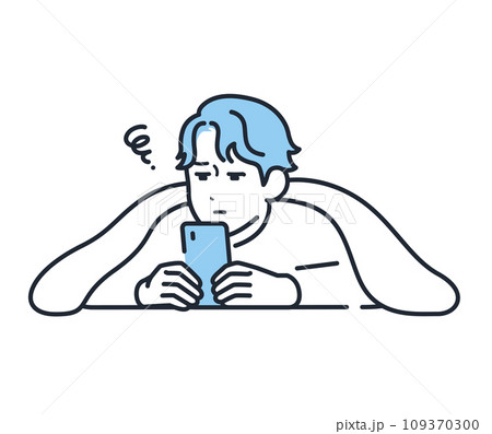 布団の中でスマートフォンを見る若い男性のシンプルなベクターイラスト素材 109370300