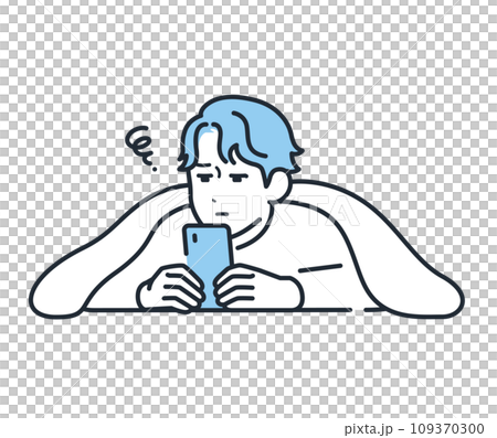 布団の中でスマートフォンを見る若い男性のシンプルなベクターイラスト素材 109370300