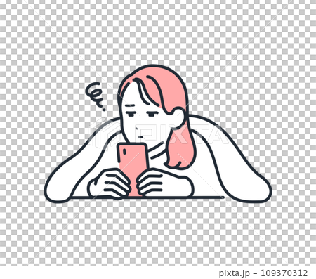 A simple vector illustration of a young woman looking at a smartphone in a futon 109370312