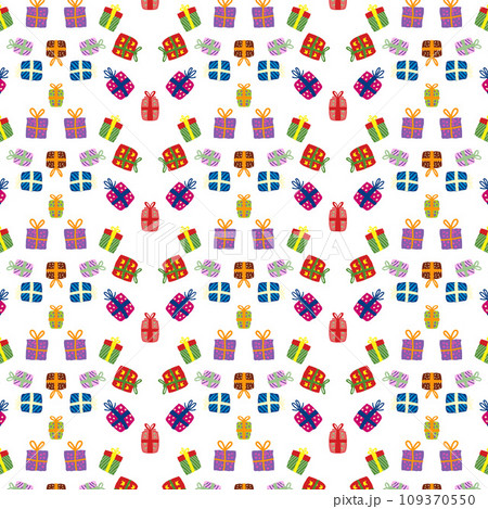 A seamless pattern of colorful gift boxes, some adorned with ribbons and bows, dances across a crisp white background. Boxing Day 109370550