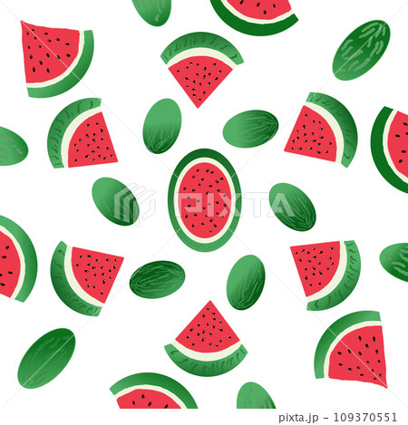 A seamless pattern of vibrant green triangles with black pips, reminiscent of sliced watermelon, pops against a cool gray background. Illustration for nature food designs. 109370551
