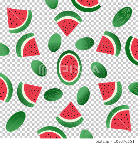 A seamless pattern of vibrant green triangles with black pips, reminiscent of sliced watermelon, pops against a cool gray background. Illustration for nature food designs. 109370551